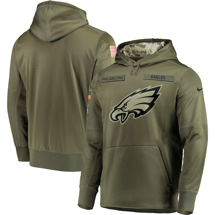 Men's Philadelphia Eagles 2018 Olive Salute to Service Sideline Therma Performance Pullover Stitched NFL Hoodie