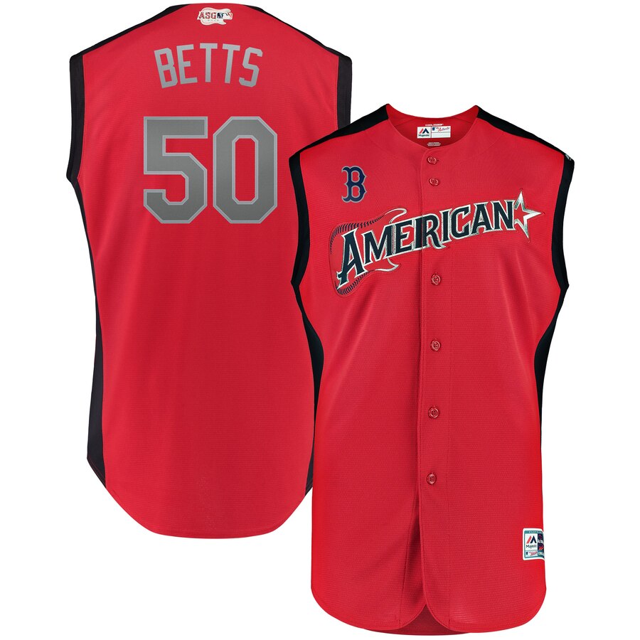 American League #50 Mookie Betts Red 2019 MLB All-Star Game Workout Stitched Jersey