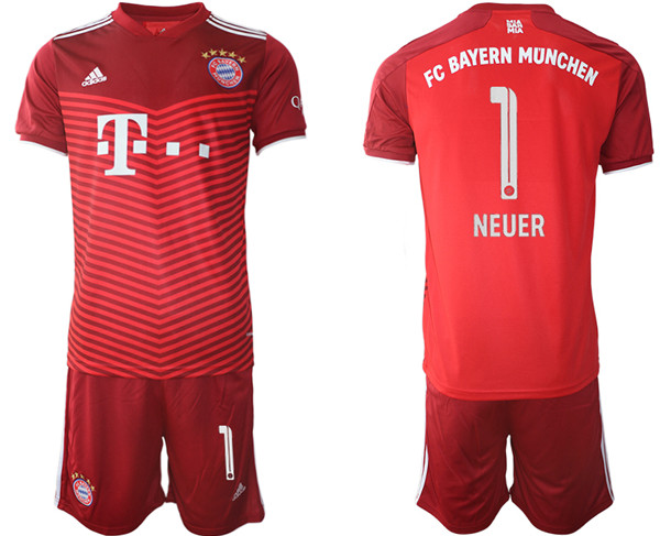Men's FC Bayern München #1 Neuer Red Home Soccer Jersey with Shorts