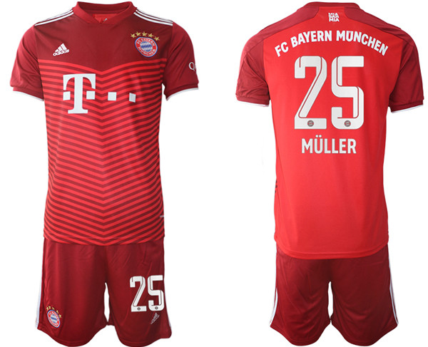 Men's FC Bayern München #25 Thomas Müller Red Home Soccer Jersey With Shorts