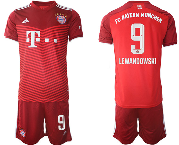 Men's FC Bayern München #9 Robert Lewandowski Red Home Soccer Jersey with Shorts