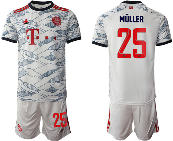 Men's FC Bayern München #25 Thomas Müller White Away Soccer Jersey With Shorts