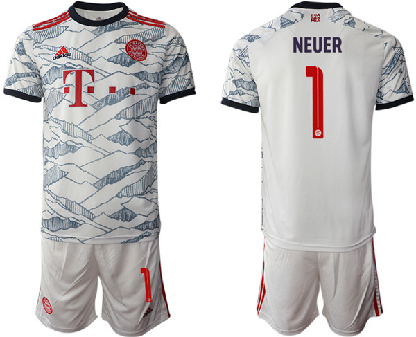 Men's FC Bayern München #1 Neuer White Away Soccer Jersey with Shorts