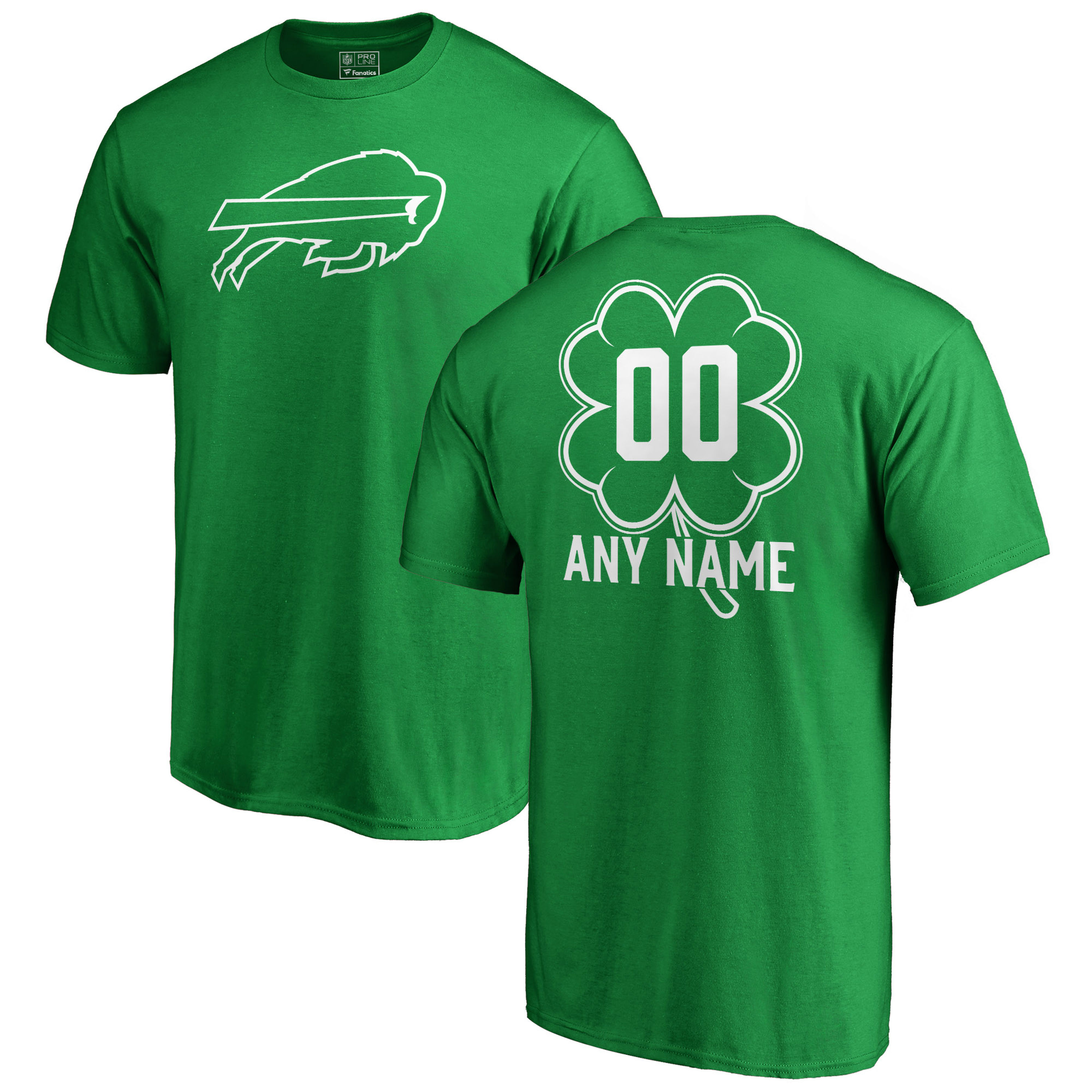 Men's Buffalo Bills NFL Pro Line by Fanatics Branded Kelly Green St. Patrick's Day Personalized Name & Number T-Shirt (Check description if you want Women or Youth size)