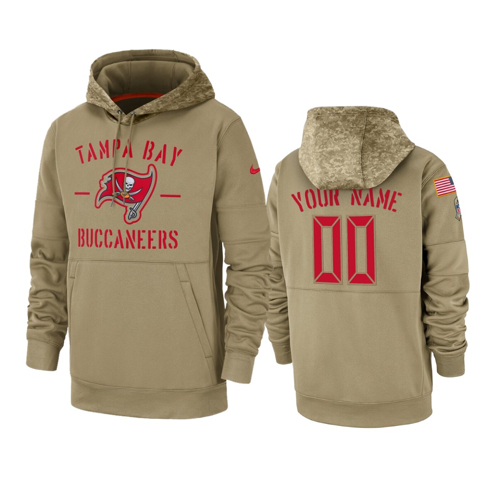 Men's Tampa Bay Buccaneers Customized Tan 2019 Salute To Service Sideline Therma Pullover Hoodie (Check description if you want Women or Youth size)