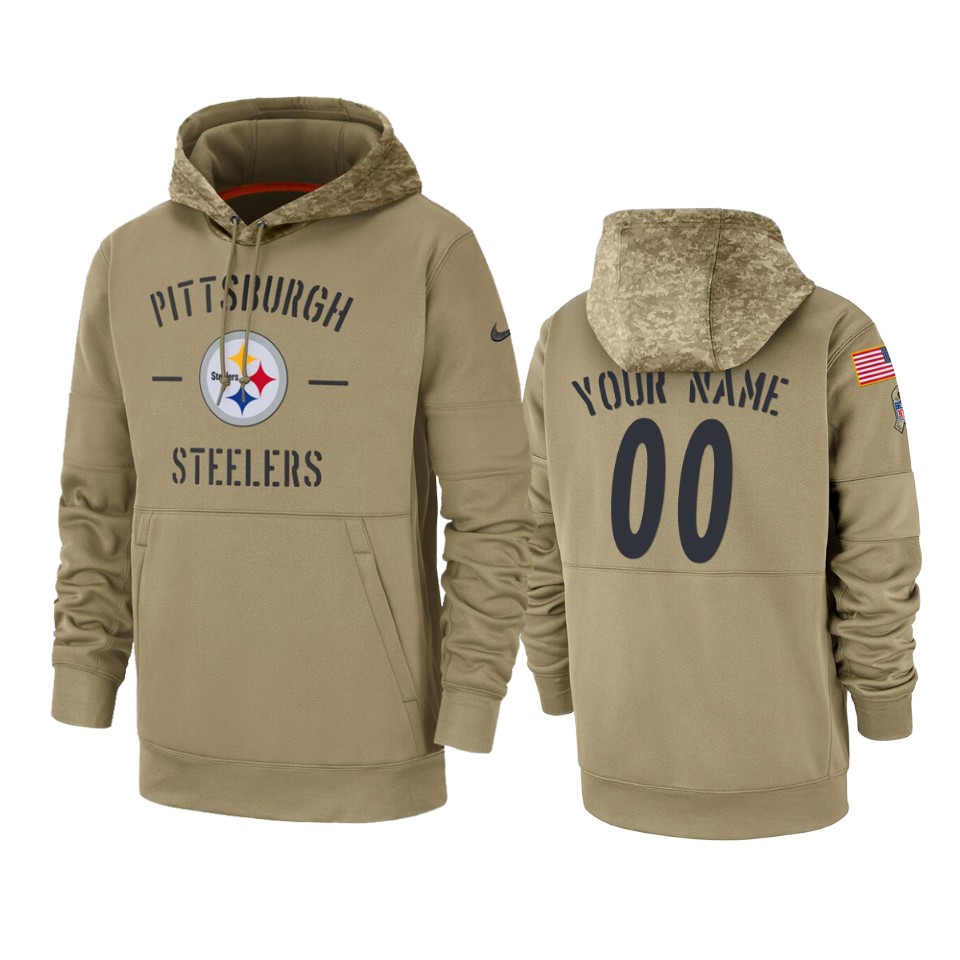 Men's Pittsburgh Steelers Customized Tan 2019 Salute To Service Sideline Therma Pullover Hoodie (Check description if you want Women or Youth size)