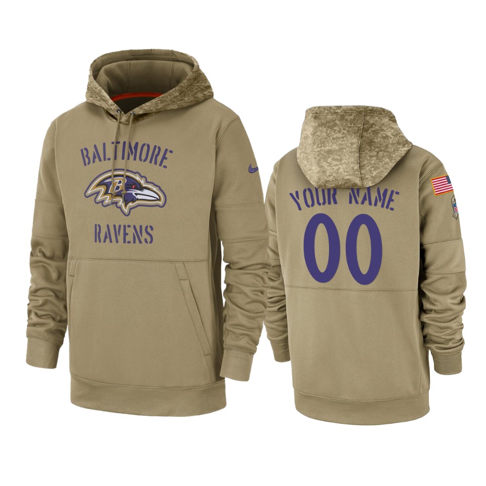 Men's Baltimore Ravens Customized Tan 2019 Salute To Service Sideline Therma Pullover Hoodie (Check description if you want Women or Youth size)