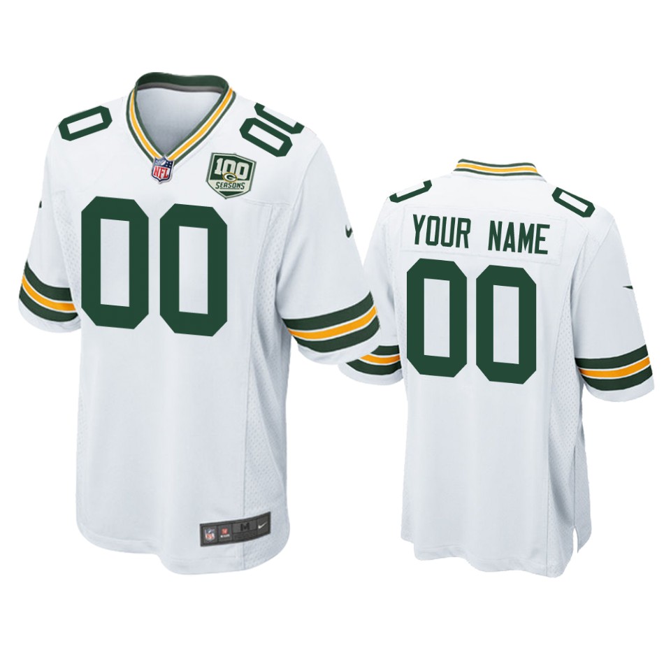 Men's Green Bay Packers Customized White 2019 100th Season NFL Game Jersey (Check description if you want Women or Youth size)