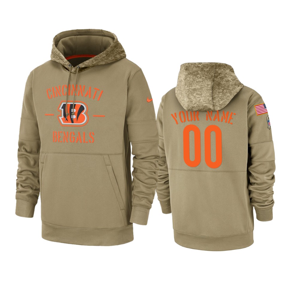 Men's Cincinnati Bengals Customized Tan 2019 Salute To Service Sideline Therma Pullover Hoodie (Check description if you want Women or Youth size)