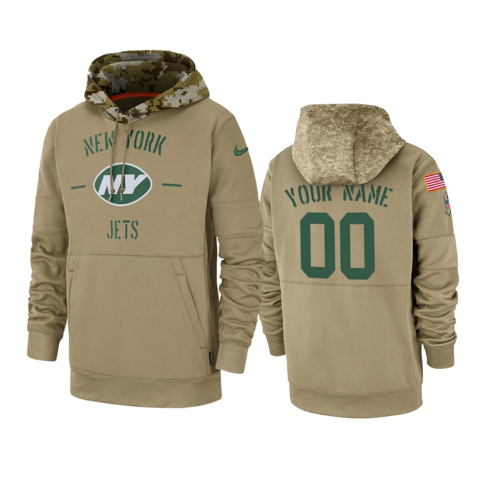 Men's New York Jets Customized Tan 2019 Salute To Service Sideline Therma Pullover Hoodie (Check description if you want Women or Youth size)