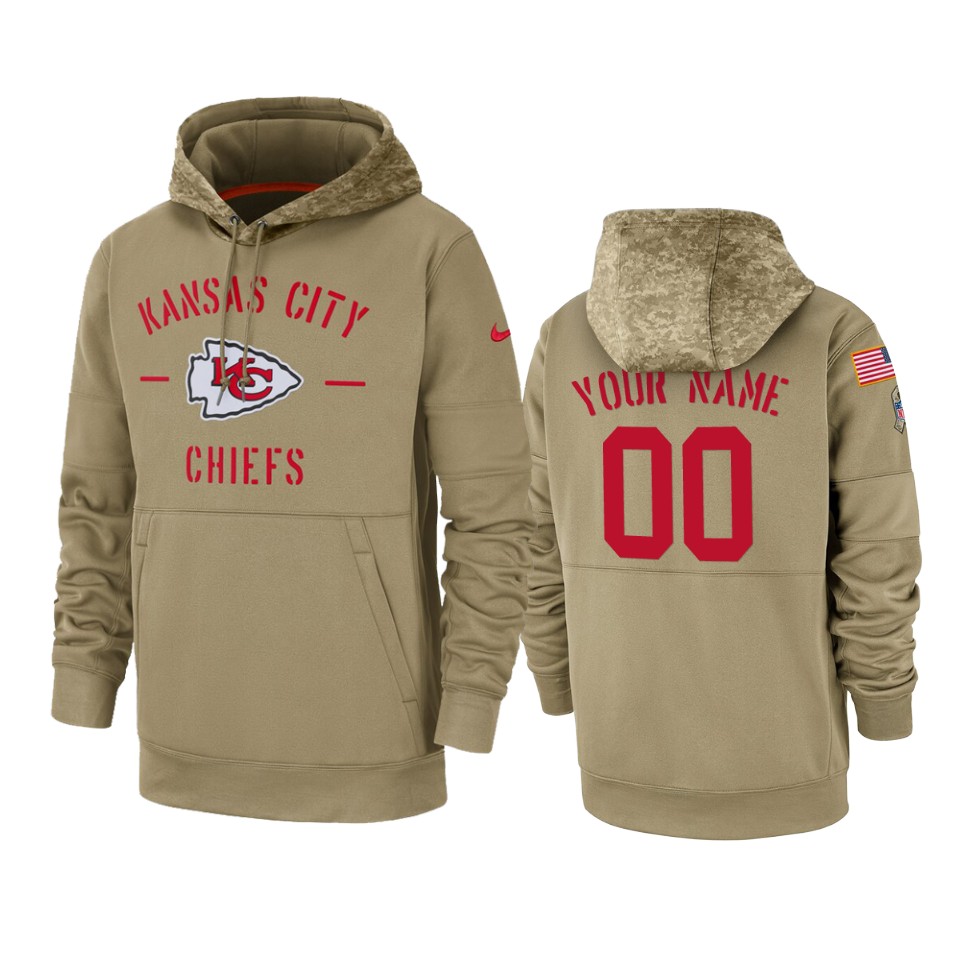 Men's Kansas City Chiefs Customized Tan 2019 Salute To Service Sideline Therma Pullover Hoodie (Check description if you want Women or Youth size)