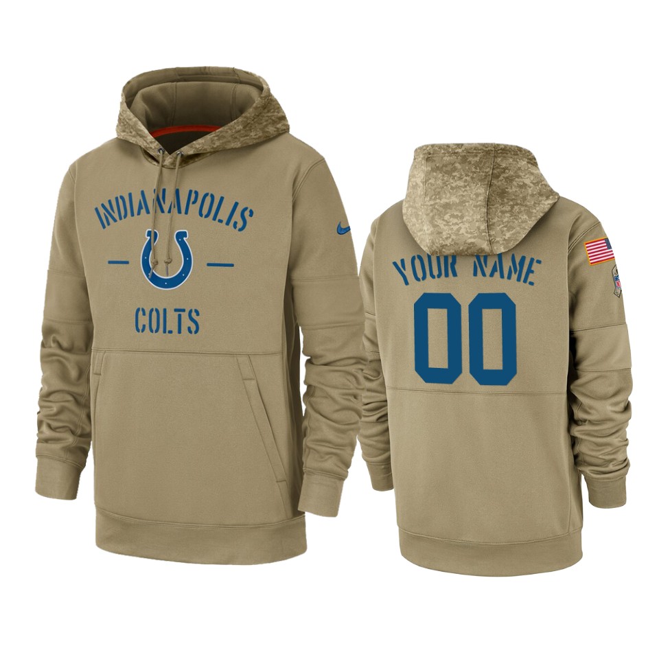 Men's Indianapolis Colts Customized Tan 2019 Salute To Service Sideline Therma Pullover Hoodie (Check description if you want Women or Youth size)