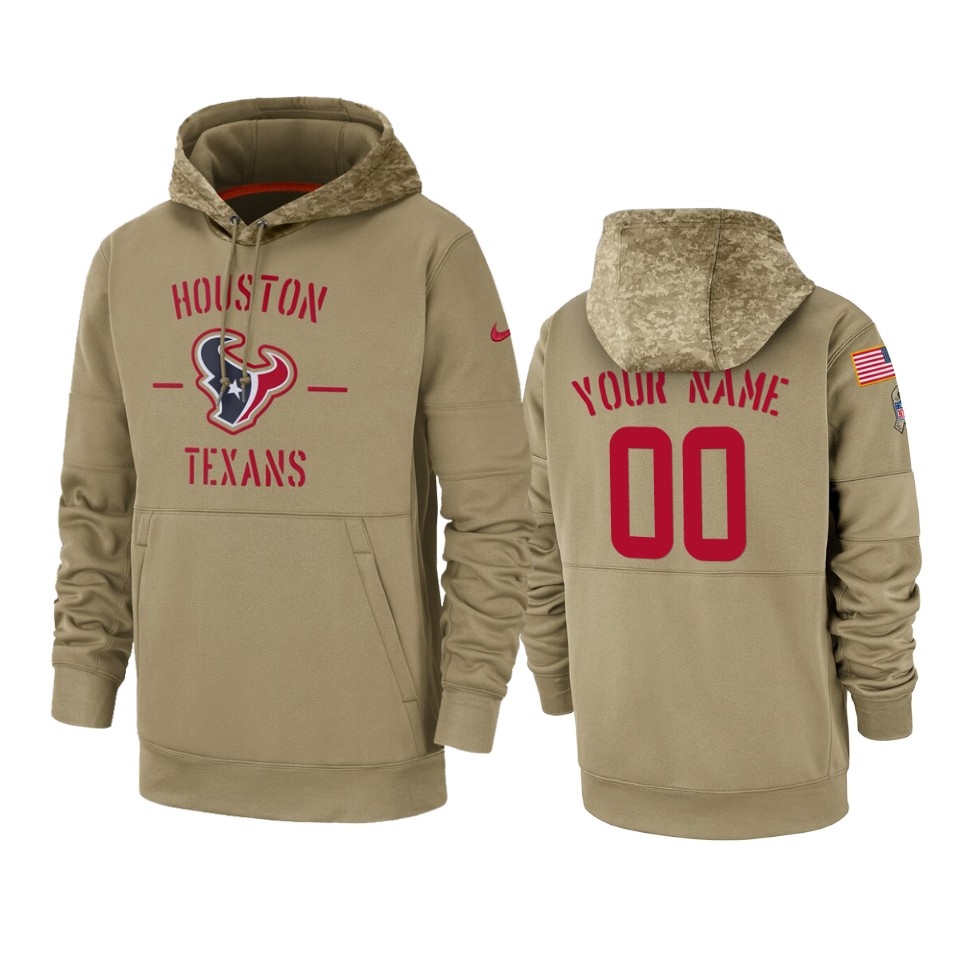 Men's Houston Texans Customized Tan 2019 Salute To Service Sideline Therma Pullover Hoodie (Check description if you want Women or Youth size)