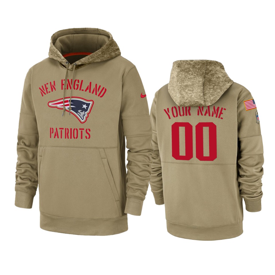 Men's New England Patriots Customized Tan 2019 Salute To Service Sideline Therma Pullover Hoodie (Check description if you want Women or Youth size)