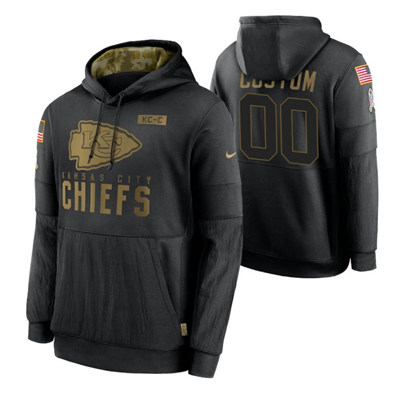 Men's Kansas City Chiefs Customized 2020 Black Salute To Service Sideline Performance Pullover NFL Hoodie (Check description if you want Women or Youth size)