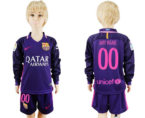 Barcelona Personalized Away Long Sleeves Kid Soccer Club Jersey