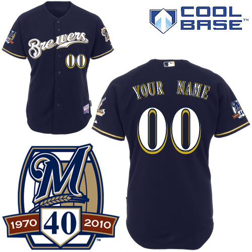 Brewers Personalized Authentic Blue Cool Base w/40th Anniversary Patch MLB Jersey