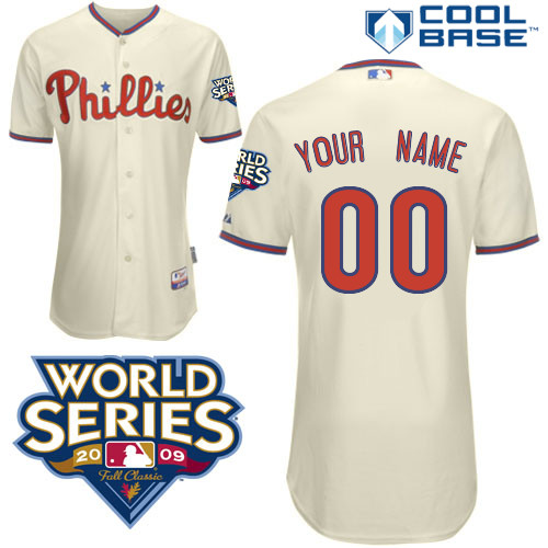 Phillies Personalized Authentic Cream w/2009 World Series Patch Cool Base MLB Jersey