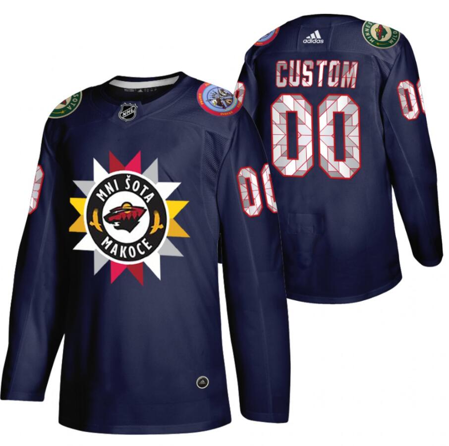 Men's Minnesota Wild White Custom Name Number 2021-22 Native American Heritage Day Navy Stitched Jersey