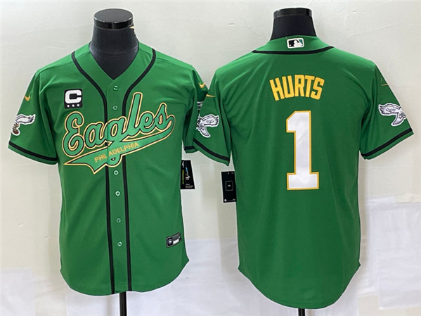 Men's Philadelphia Eagles #1 Jalen Hurts Green With C Patch Cool Base Stitched Baseball Jersey
