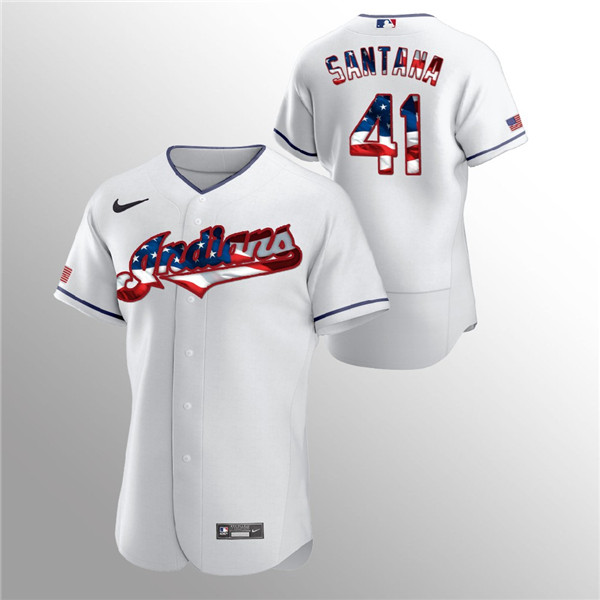 Men's Cleveland Indians White #41 Carlos Santana 2020 Stars & Stripes Flex Base Stitched MLB Jersey