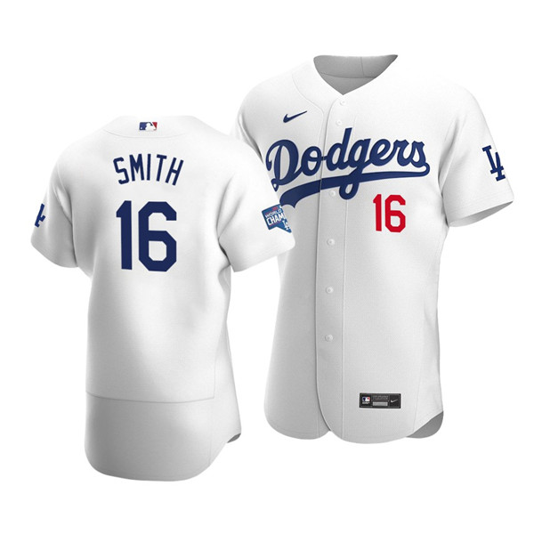 Men's Los Angeles Dodgers #16 Will Smith 2020 White World Series Champions Patch Flex Base Sttiched MLB Jersey