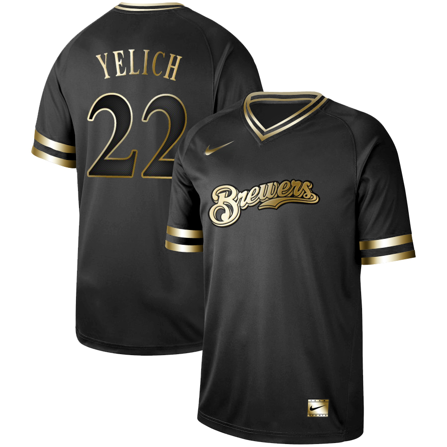 Men's Milwaukee Brewers #22 Christian Yelich Black Gold Stitched MLB Jersey