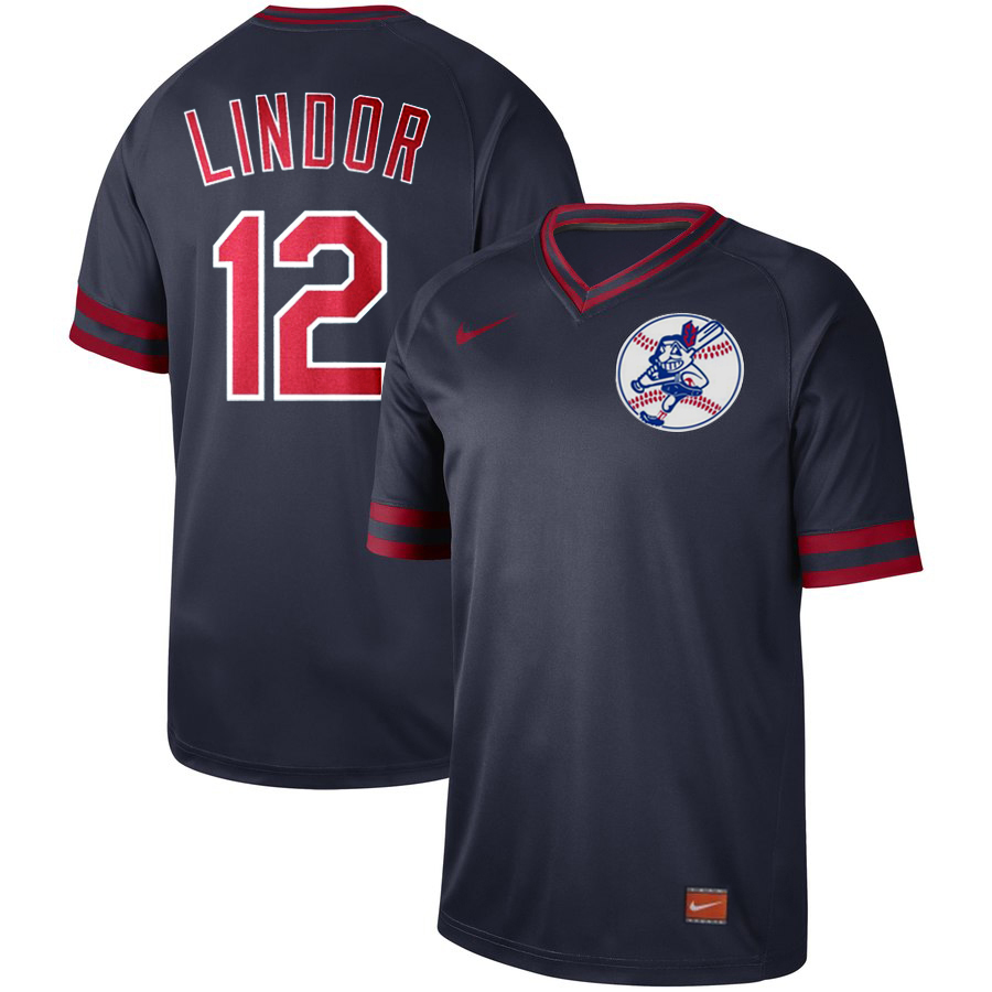 Men's Cleveland Indians #12 Francisco Lindor "Mr. Smile" Navy Cooperstown Collection Legend Stitched MLB Jersey
