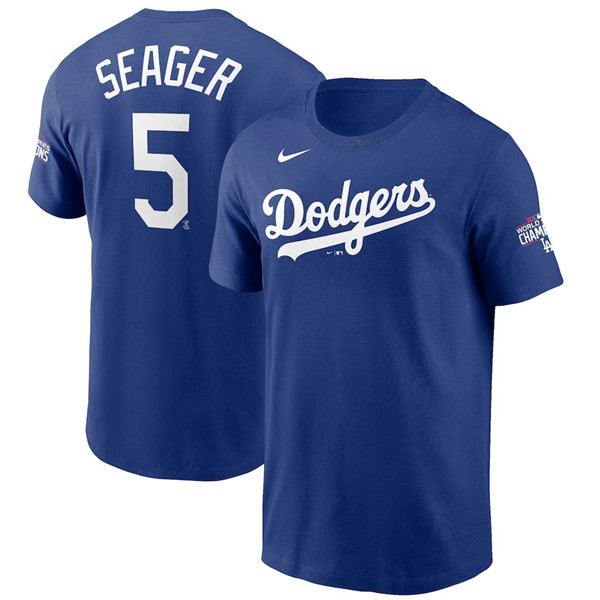 Men's Los Angeles Dodgers #5 Corey Seager Royal 2020 World Series Champions T-Shirt