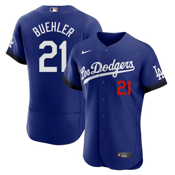 Men's Los Angeles Dodgers #21 Walker Buehler 2021 Royal City Connect Flex Base Stitched Baseball Jersey