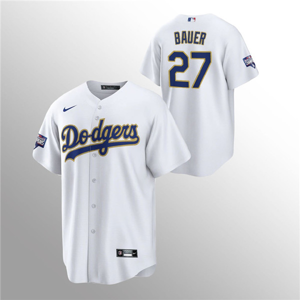 Men's Los Angeles Dodgers #27 Trevor Bauer 2021 Gold Program White Cool Base Stitched MLB Jersey