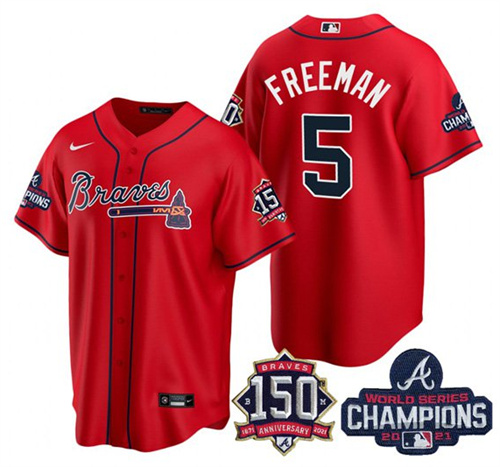 Men's Atlanta Braves #5 Freddie Freeman 2021 Red World Series Champions With 150th Anniversary Patch Cool Base Stitched Jersey