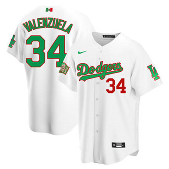 Men's Los Angeles Dodgers #34 Fernando Valenzuela White Green Mexico 2020 World Series Stitched MLB Jersey