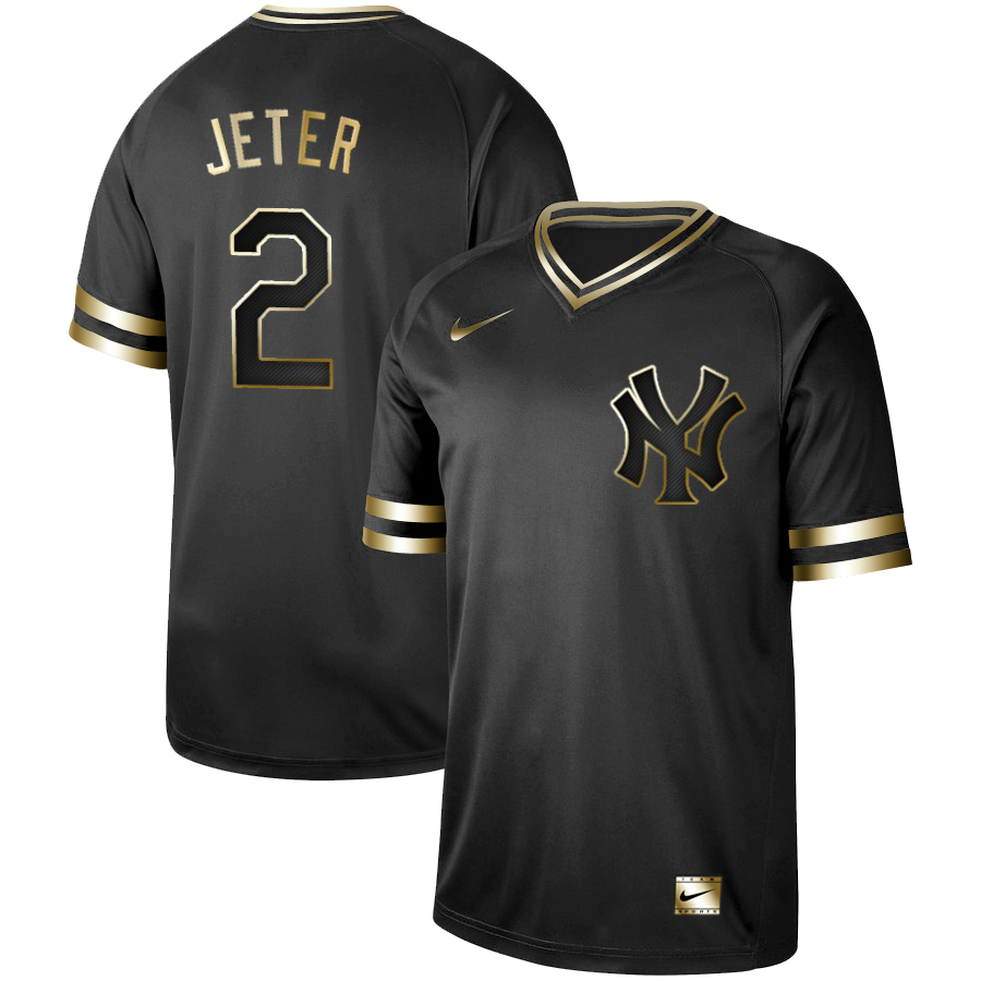 Men's New York Yankees #2 Derek Jeter Black Gold Stitched MLB Jersey