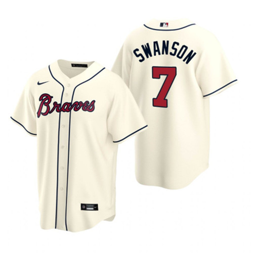 Men's Atlanta Braves #7 Dansby Swanson Cream Cool Base Stitched Jersey