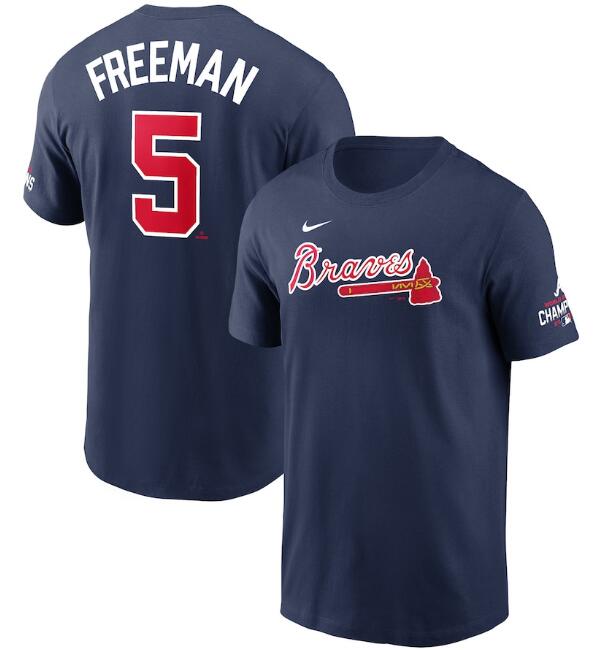 Men's Atlanta Braves #5 Freddie Freeman 2021 Navy World Series Champions Player Name & Number T-Shirt