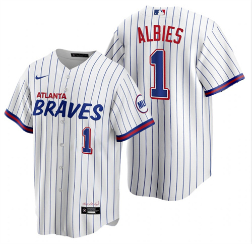 Men's Atlanta Braves #1 Ozzie Albies 2021 White City Connect Stitched Jersey