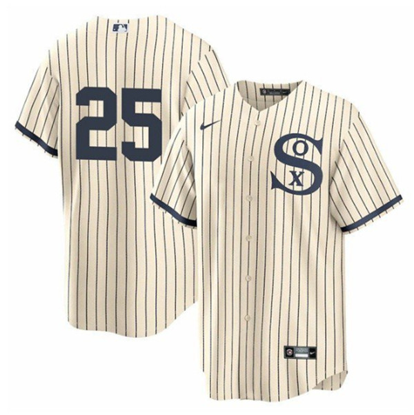 Men's Chicago White Sox #25 Andrew Vaughn 2021 Cream/Navy Field Of Dreams Cool Base Stitched Jersey