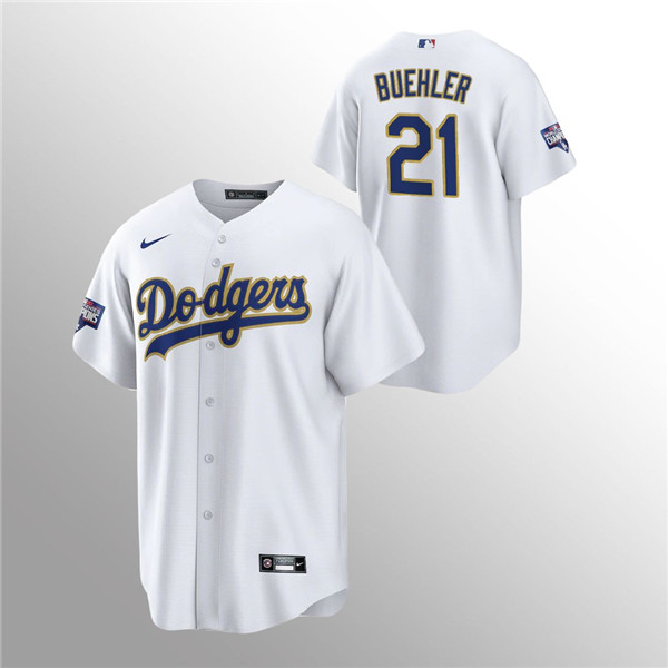Men's Los Angeles Dodgers #21 Walker Buehler 2021 Gold Program White Cool Base Stitched MLB Jersey