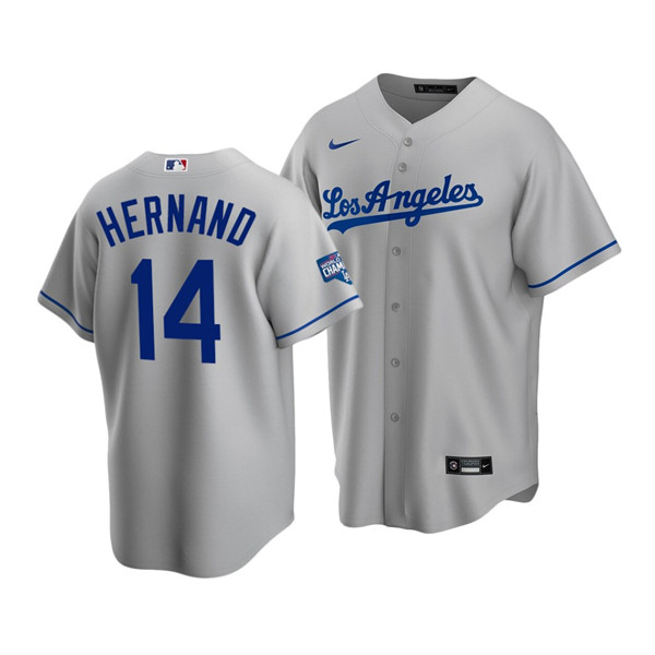 Men's Los Angeles Dodgers #14 Kiké Hernández Grey 2020 World Series Champions Home Patch Cool Base Stitched MLB Jersey