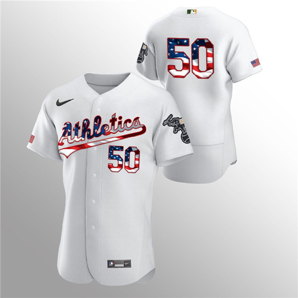 Men's Oakland Athletics White #50 Mike Fiers 2020 Stars & Stripes Flex Base MLB StitchedJersey