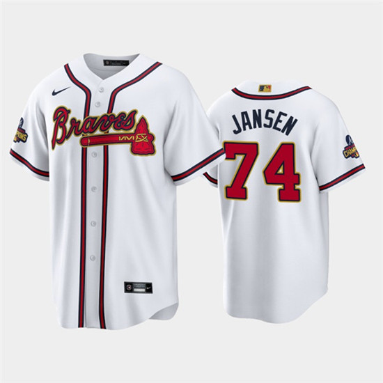 Men's Atlanta Braves #74 Kenley Jansen 2022 White/Gold World Series Champions Program Cool Base Stitched Baseball Jersey