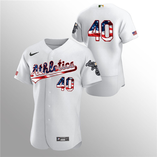 Men's Oakland Athletics White #40 Chris Bassitt 2020 Stars & Stripes Flex Base MLB StitchedJersey