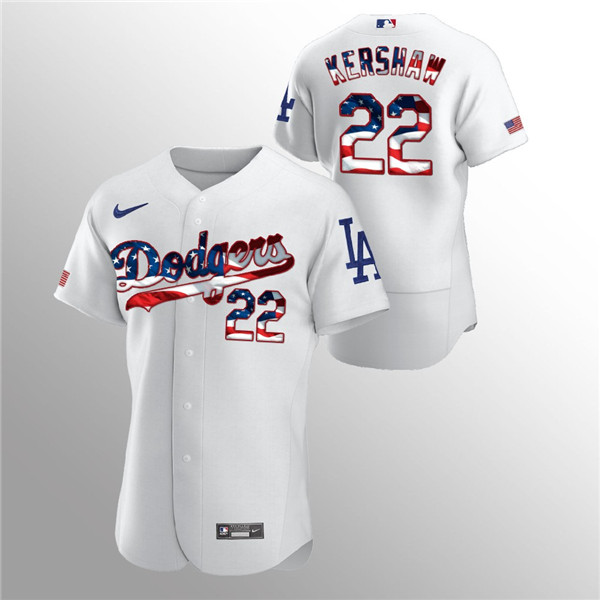 Men's Los Angeles Dodgers White #22 Clayton 2020 Stars & Stripes Flex Base Stitched MLB Jersey
