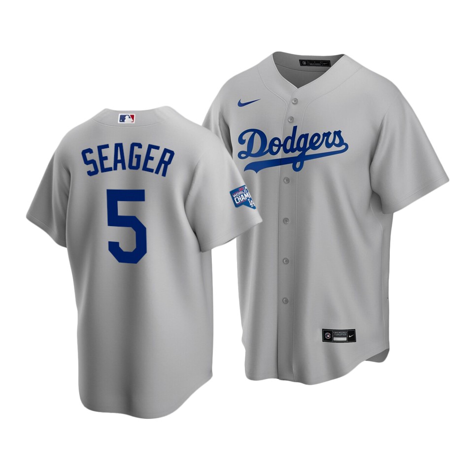Men's Los Angeles Dodgers #5 Corey Seager Grey 2020 World Series Champions Home Patch Cool Base Stitched MLB Jersey