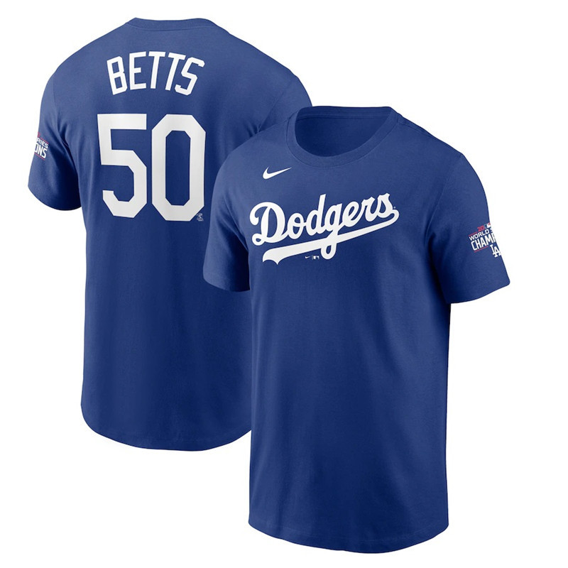 Men's Los Angeles Dodgers #50 Mookie Betts Royal 2020 World Series Champions T-Shirt