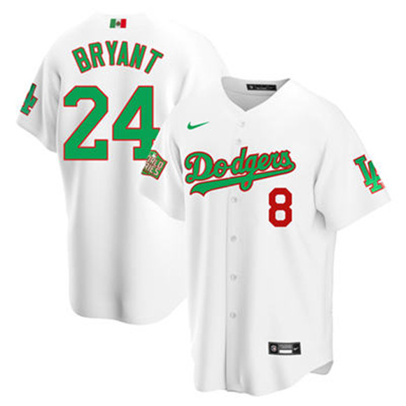 Men's Los Angeles Dodgers Front #8 Back #24 Kobe Bryant White Green Mexico 2020 World Series Stitched MLB Jersey