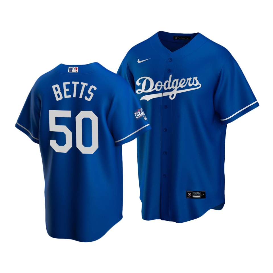Men's Los Angeles Dodgers #50 Mookie Betts Blue 2020 World Series Champions Home Patch Cool Base Stitched MLB Jersey
