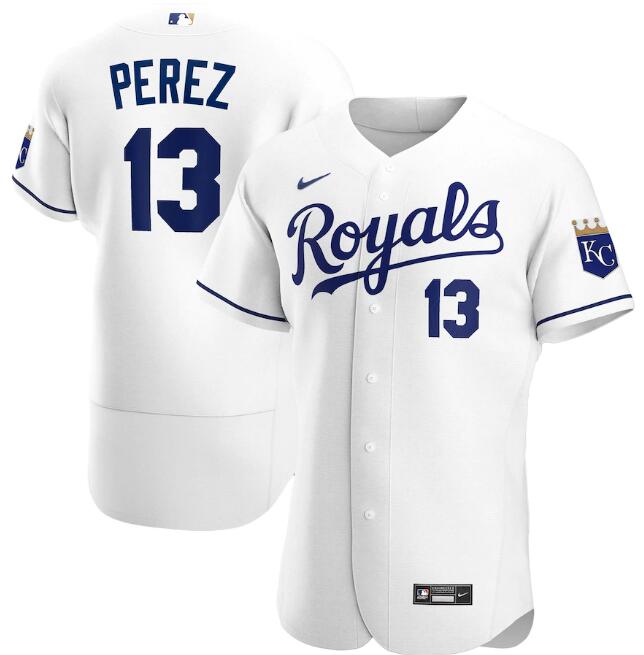 Men's Kansas City Royals White #13 Salvador Perez Flex Base Stitched MLB Jersey