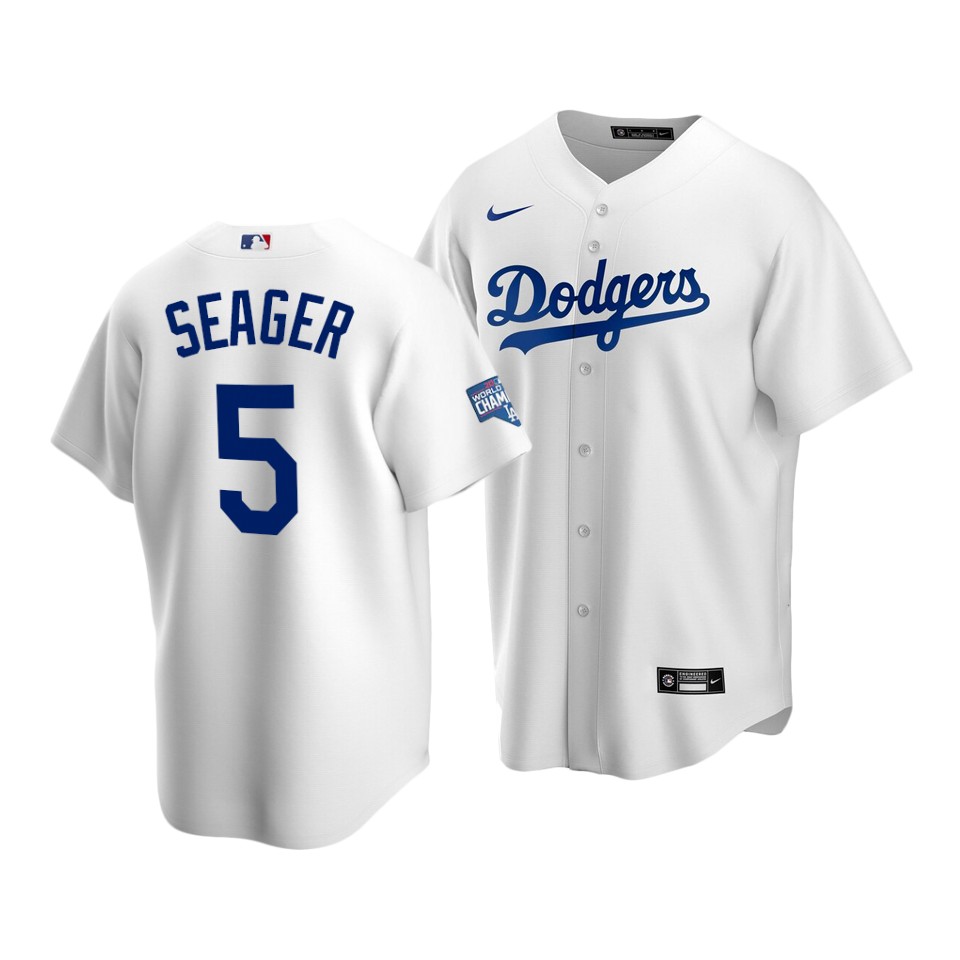 Men's Los Angeles Dodgers #5 Corey Seager White 2020 World Series Champions Home Patch Cool Base Stitched MLB Jersey